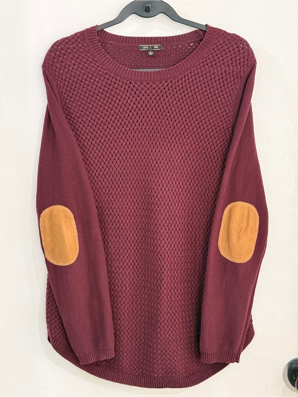 Lily & Me Women's Burgundy Crewneck Sweater with Camel Elbow Patches